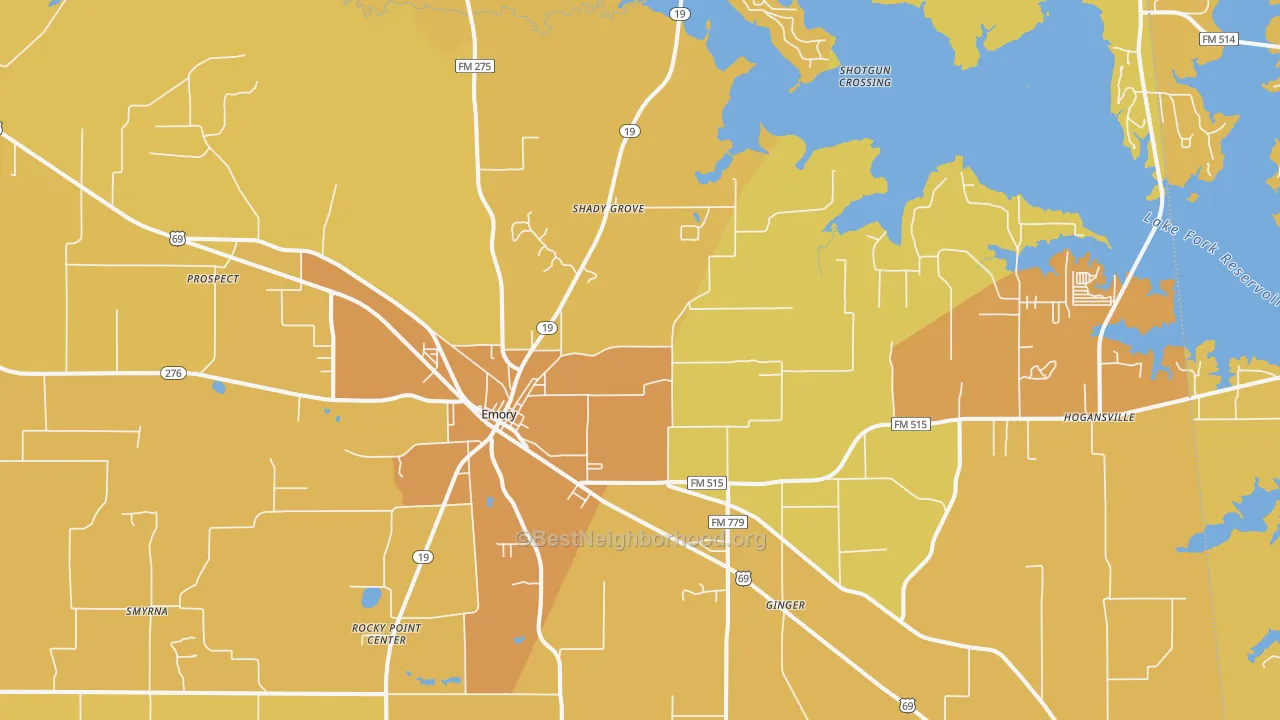 Map of the best neighborhoods in the 75440 area, with better matches in green and worse matches in red