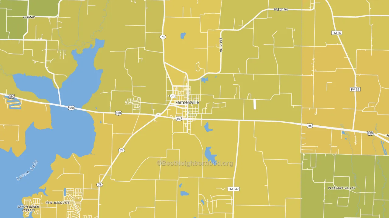 Map of the best neighborhoods in the 75442 area, with better matches in green and worse matches in red