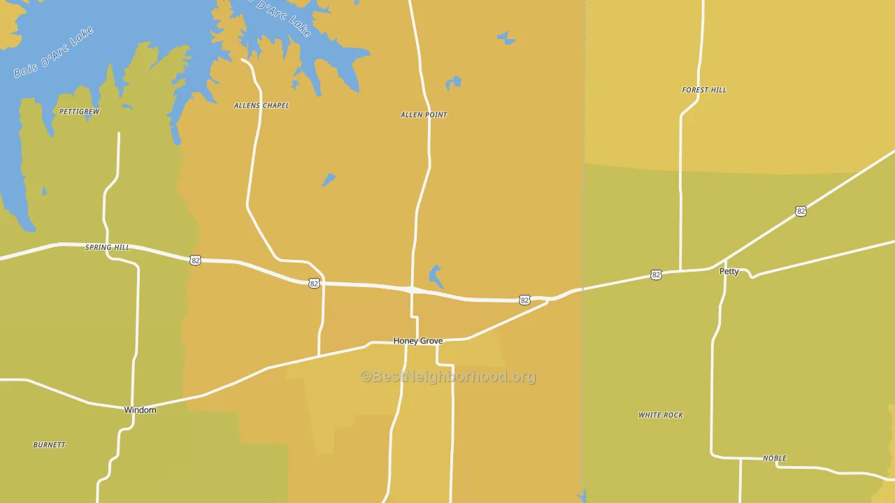Map of the best neighborhoods in the 75446 area, with better matches in green and worse matches in red