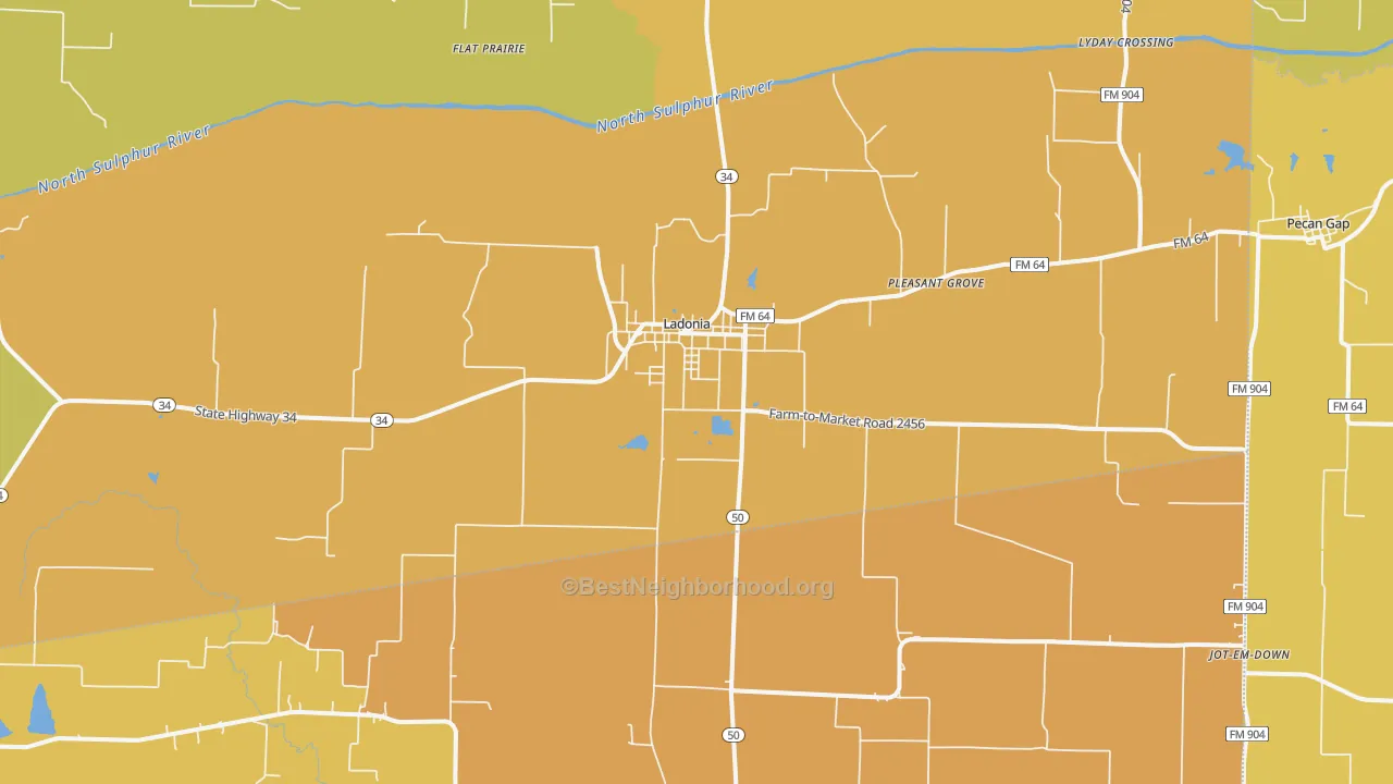 Map of the best neighborhoods in the 75449 area, with better matches in green and worse matches in red