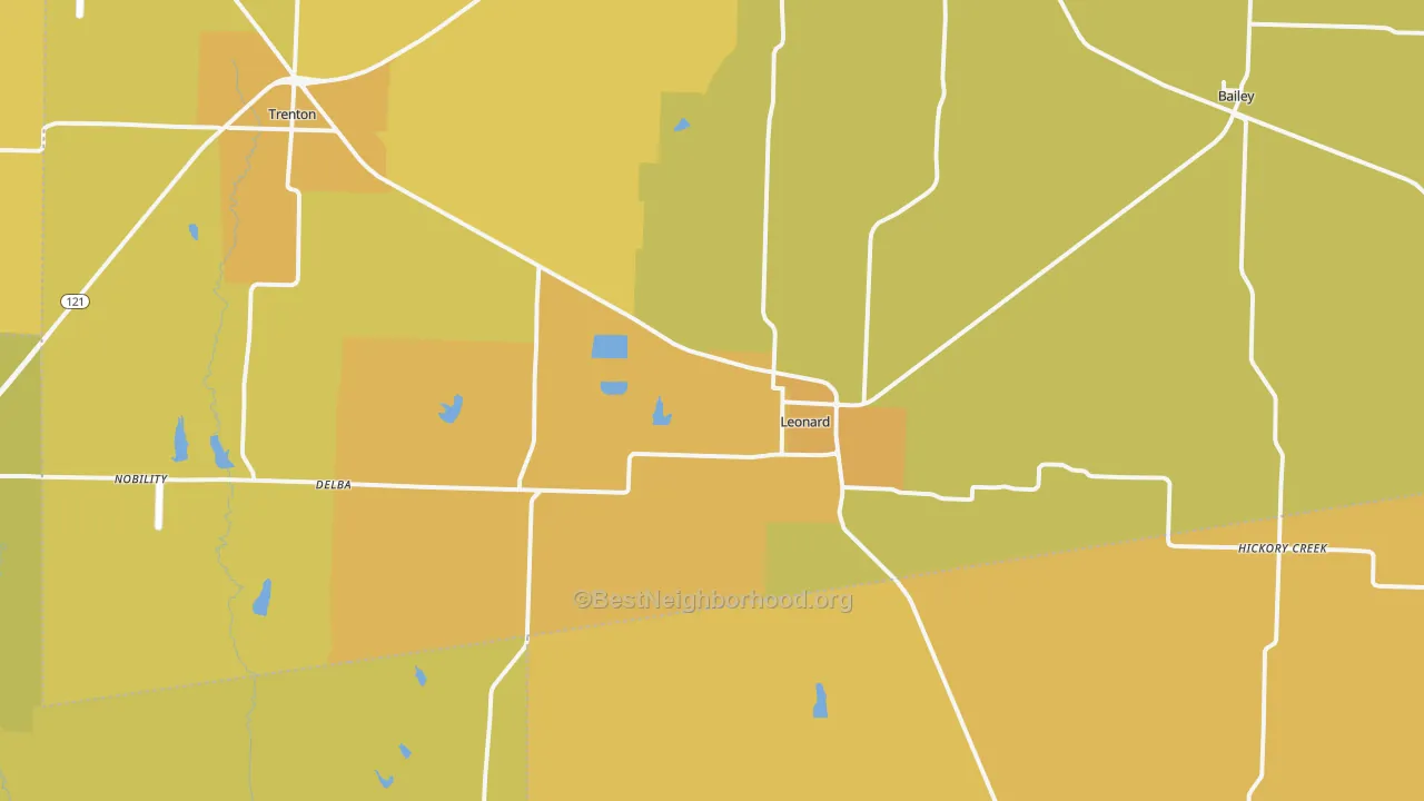 Map of the best neighborhoods in the 75452 area, with better matches in green and worse matches in red