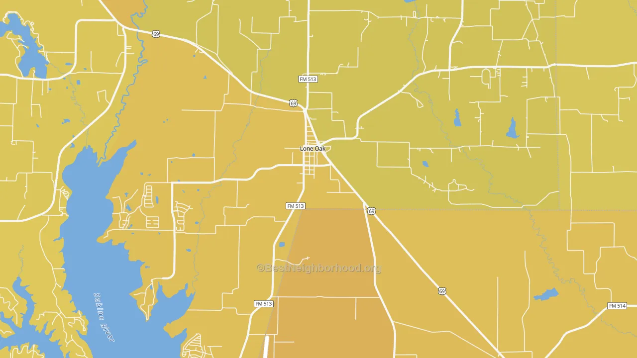 Map of the best neighborhoods in the 75453 area, with better matches in green and worse matches in red