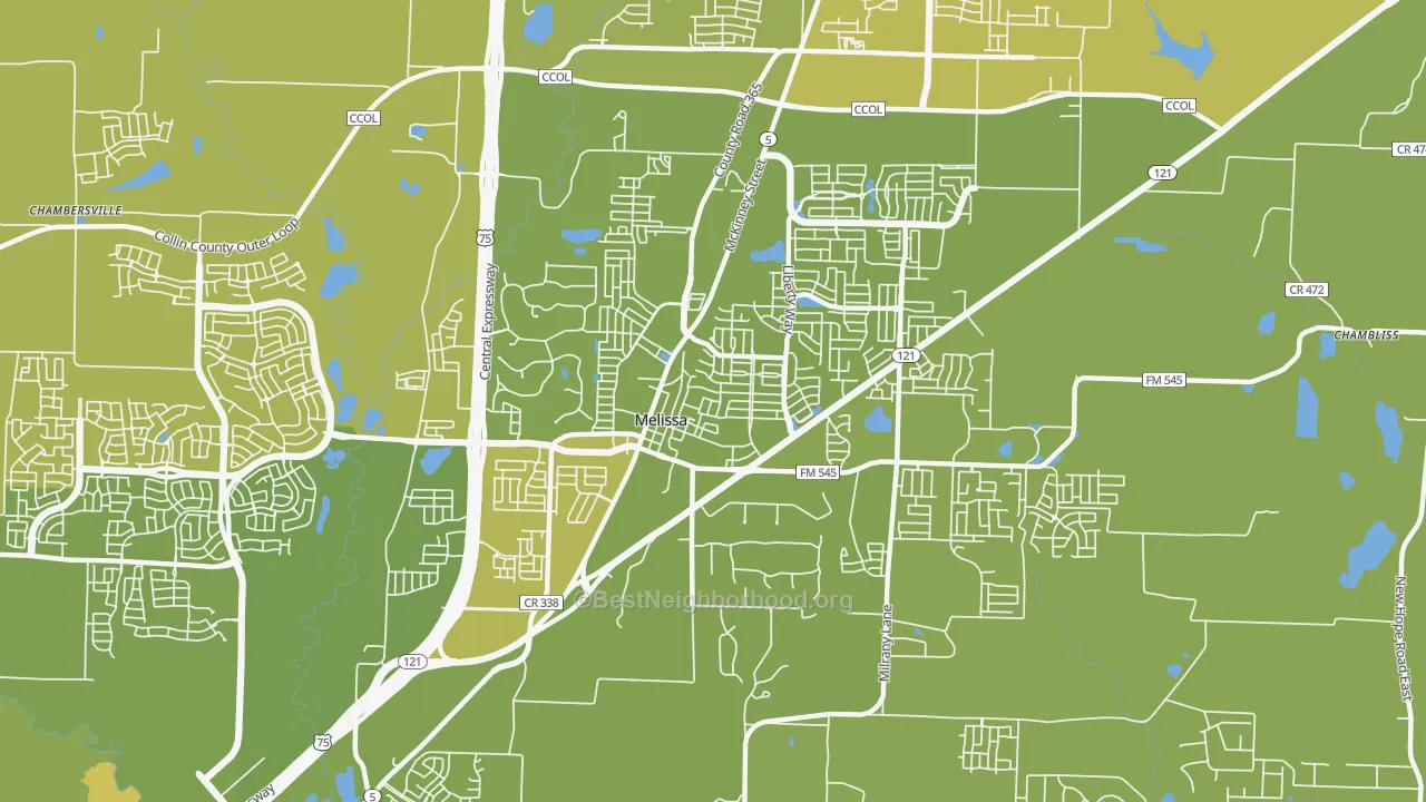 Map of the best neighborhoods in the 75454 area, with better matches in green and worse matches in red