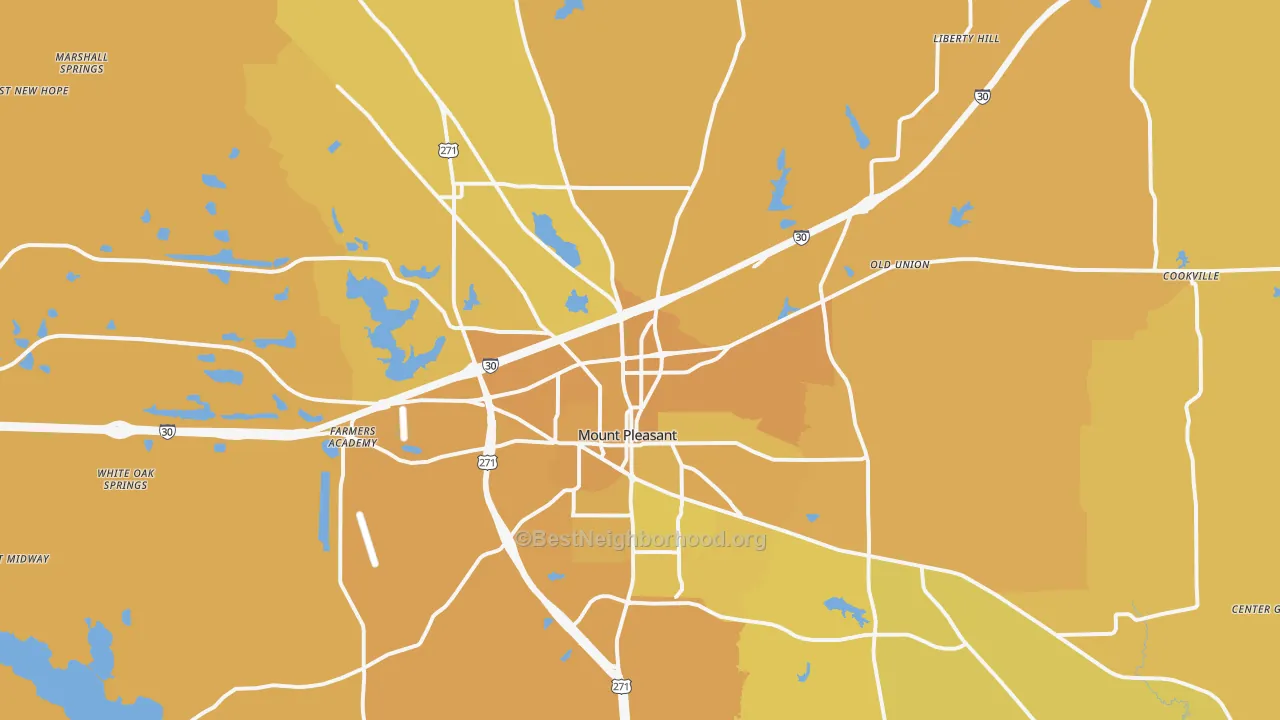 Map of the best neighborhoods in the 75455 area, with better matches in green and worse matches in red