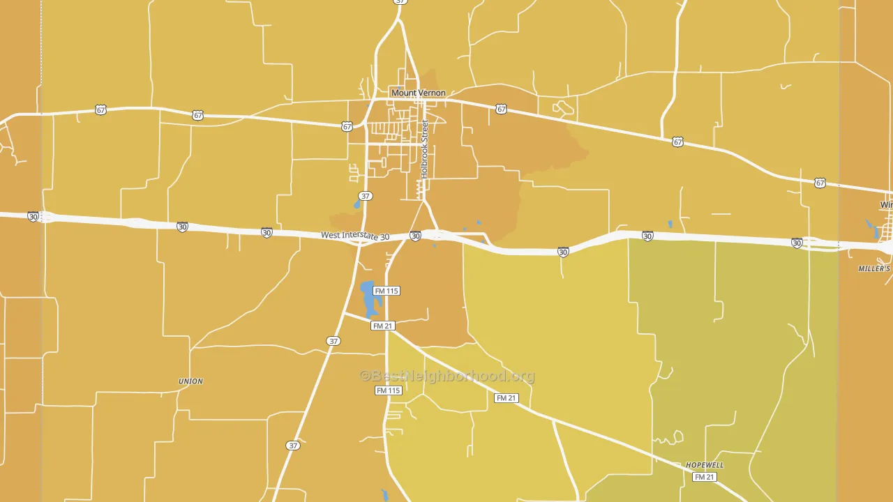 Map of the best neighborhoods in the 75457 area, with better matches in green and worse matches in red