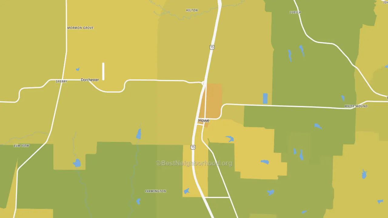 Map of the best neighborhoods in the 75459 area, with better matches in green and worse matches in red