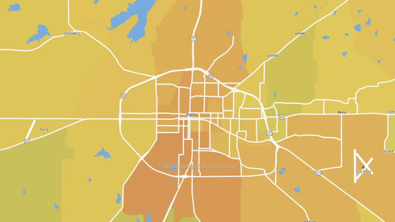 Map of the best neighborhoods in the 75460 area, with better matches in green and worse matches in red