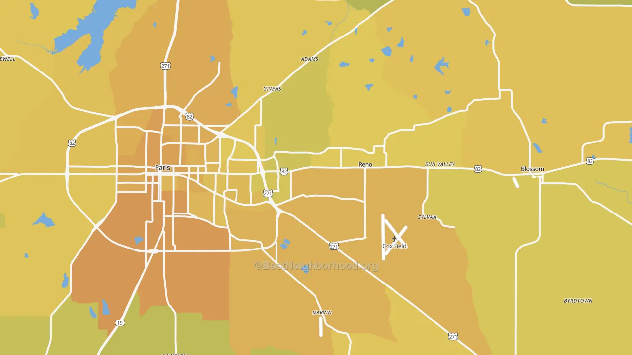 Map of the best neighborhoods in the 75462 area, with better matches in green and worse matches in red
