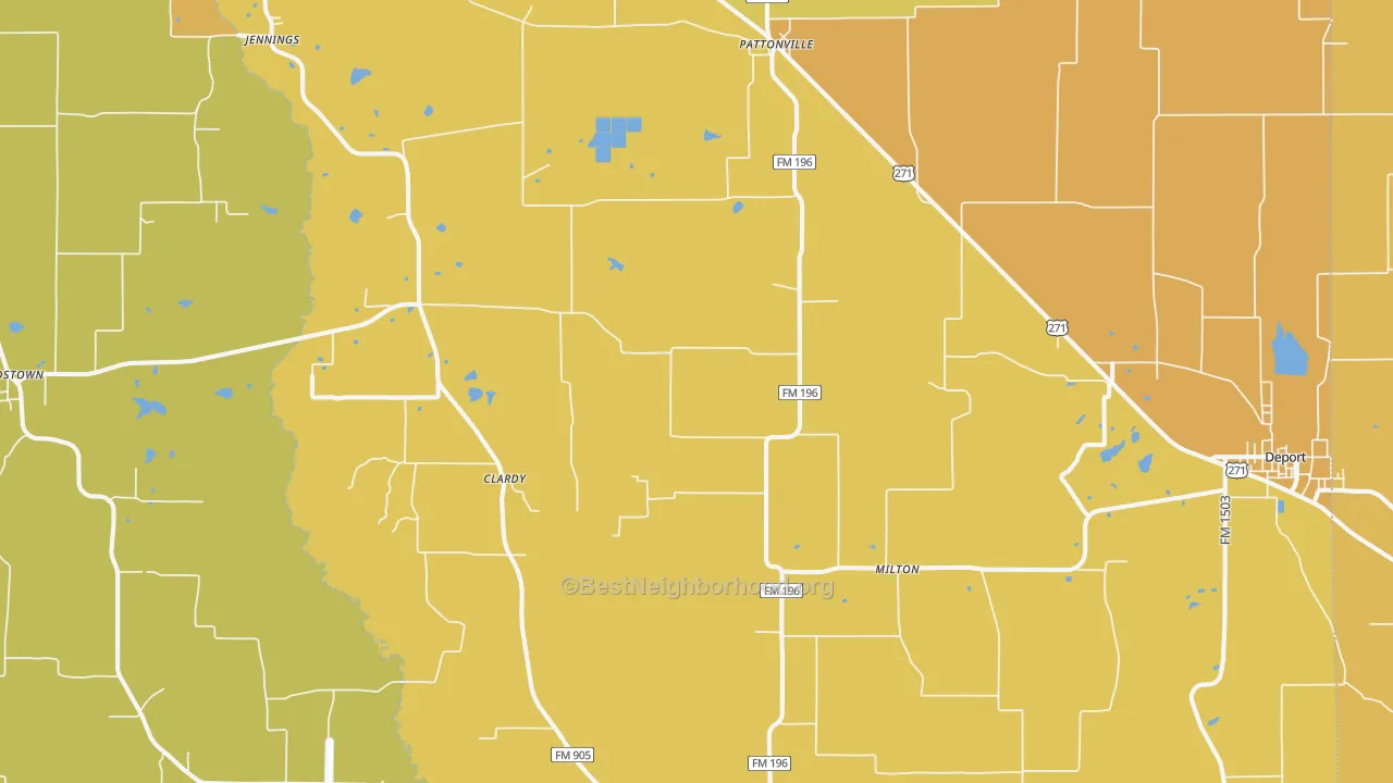 Map of the best neighborhoods in the 75468 area, with better matches in green and worse matches in red