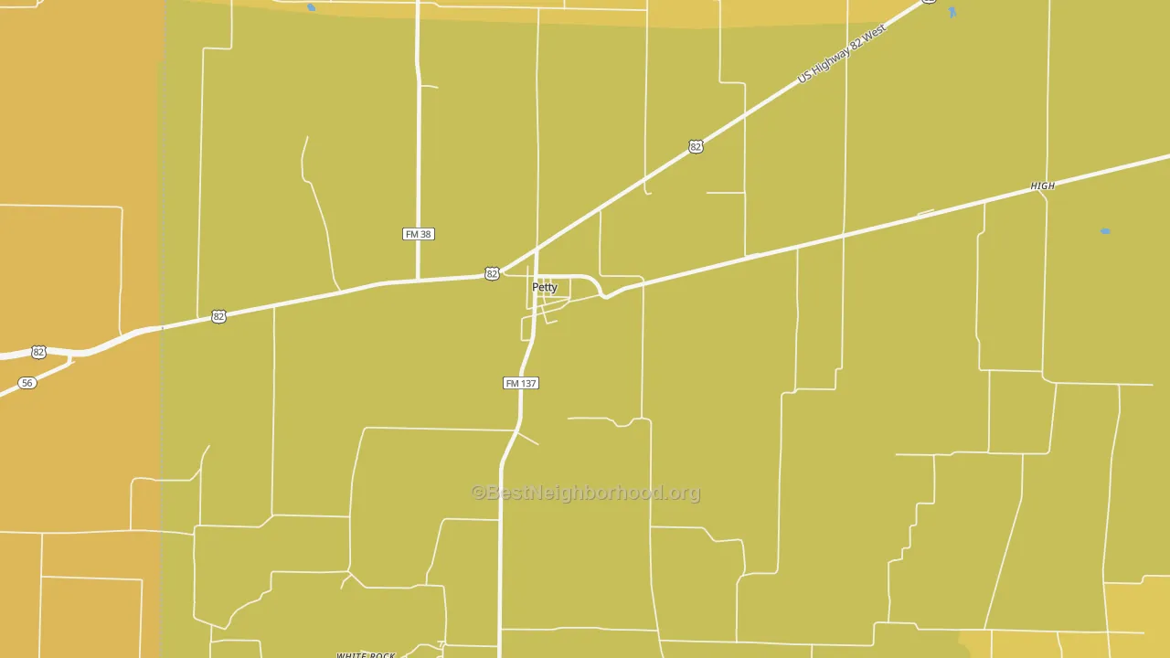 Map of the best neighborhoods in the 75470 area, with better matches in green and worse matches in red