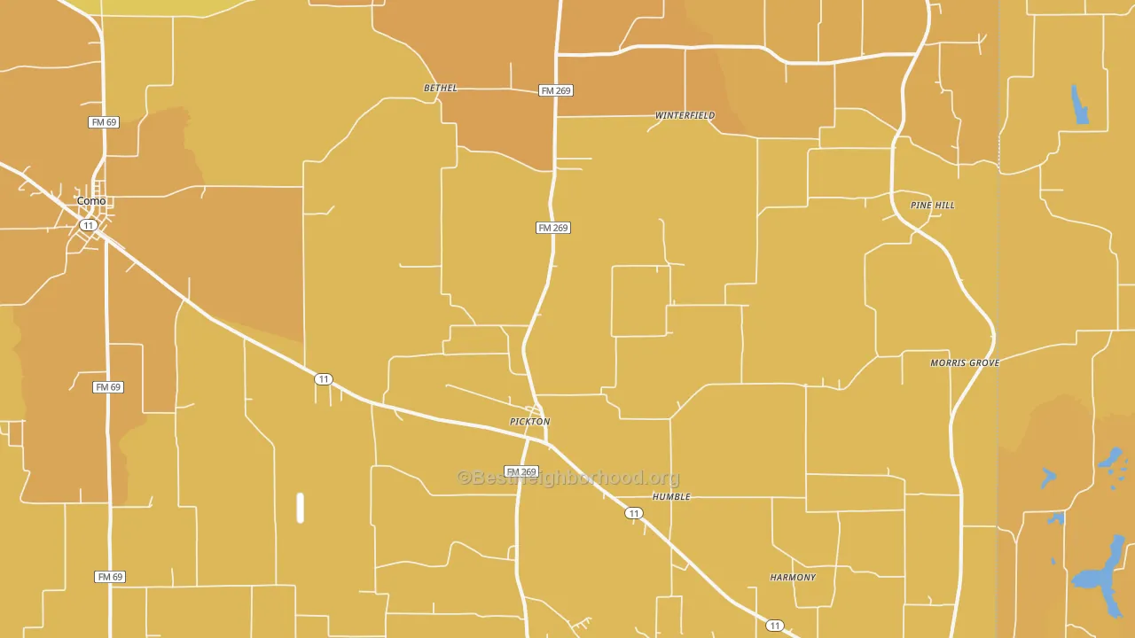 Map of the best neighborhoods in the 75471 area, with better matches in green and worse matches in red
