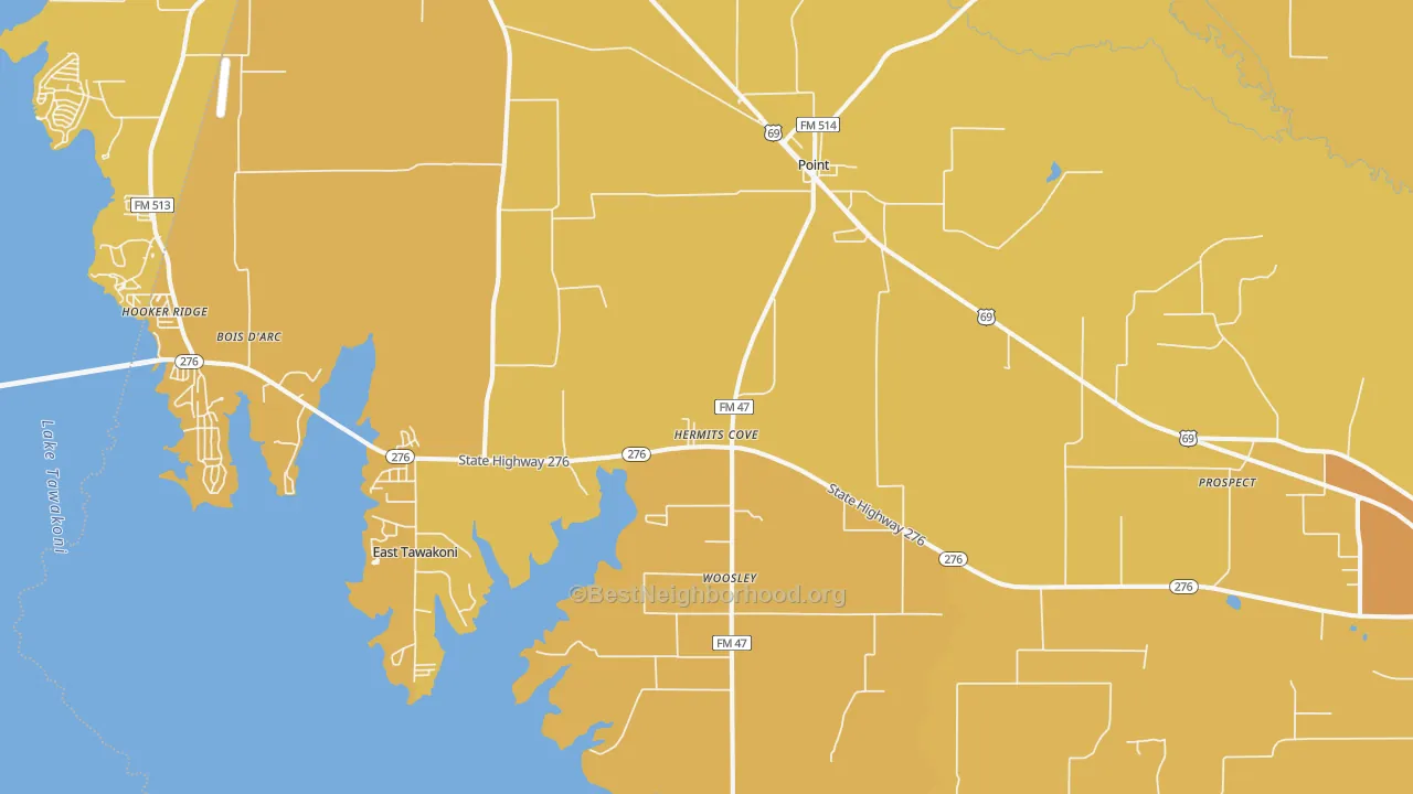 Map of the best neighborhoods in the 75472 area, with better matches in green and worse matches in red