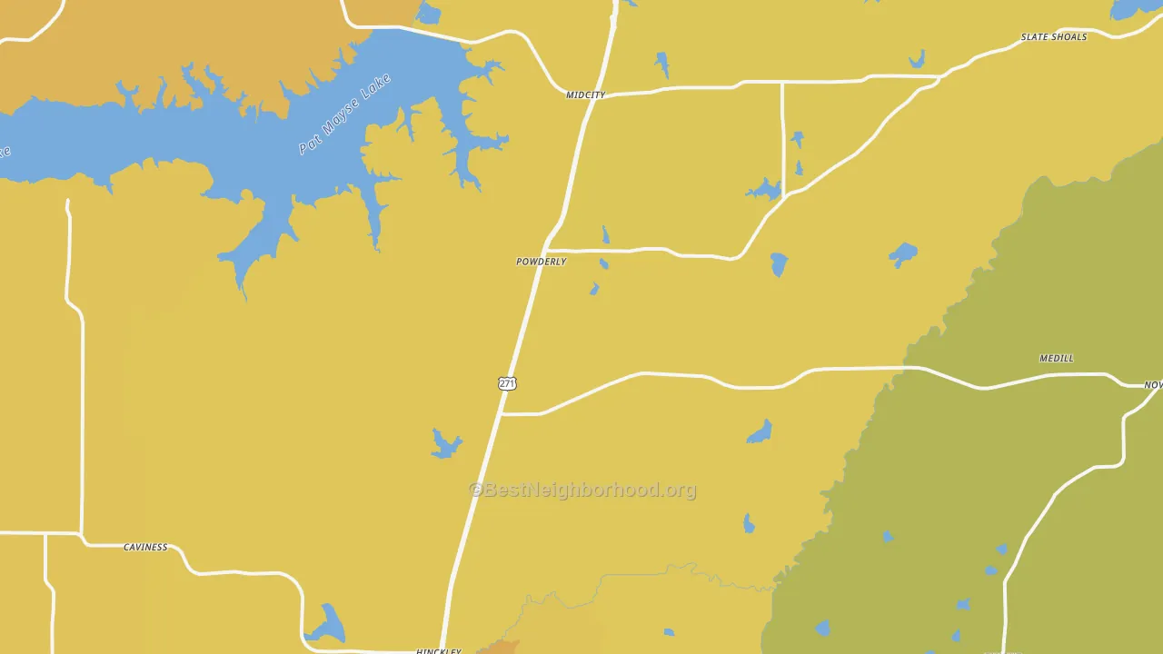 Map of the best neighborhoods in the 75473 area, with better matches in green and worse matches in red