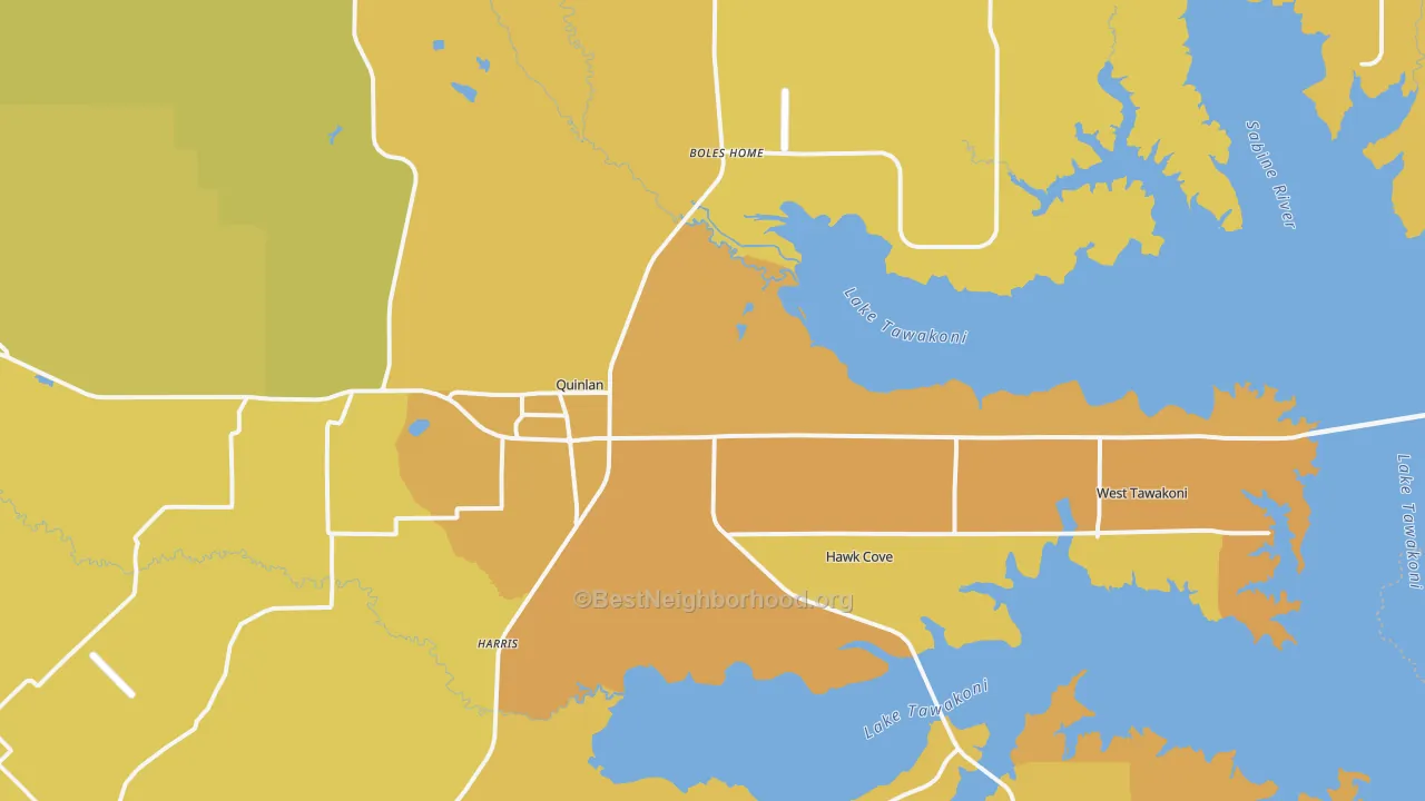Map of the best neighborhoods in the 75474 area, with better matches in green and worse matches in red