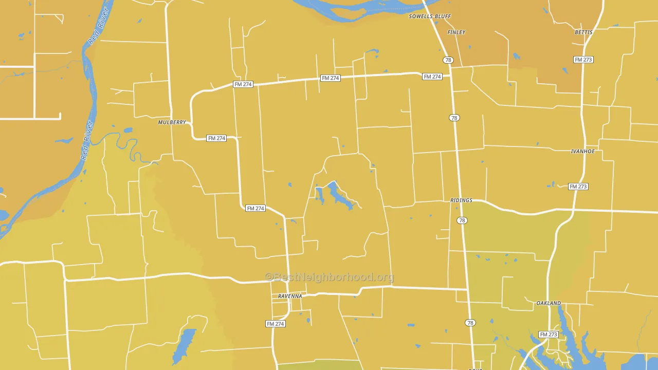 Map of the best neighborhoods in the 75476 area, with better matches in green and worse matches in red