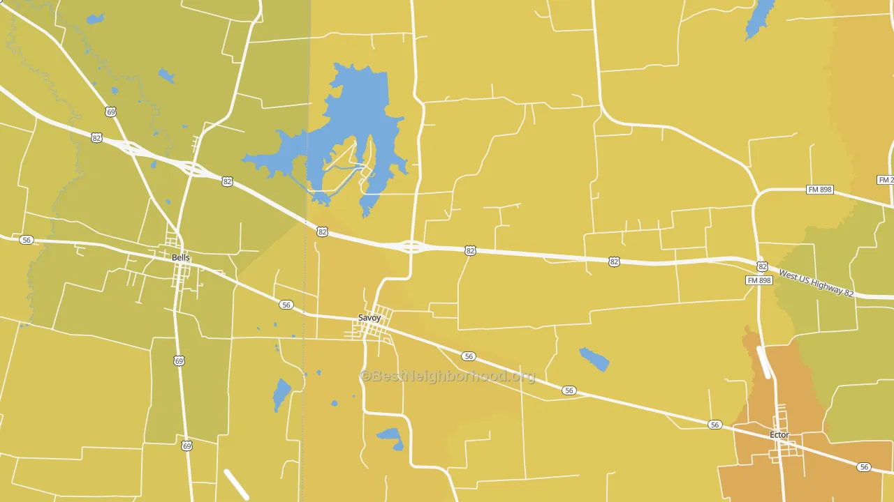 Map of the best neighborhoods in the 75479 area, with better matches in green and worse matches in red