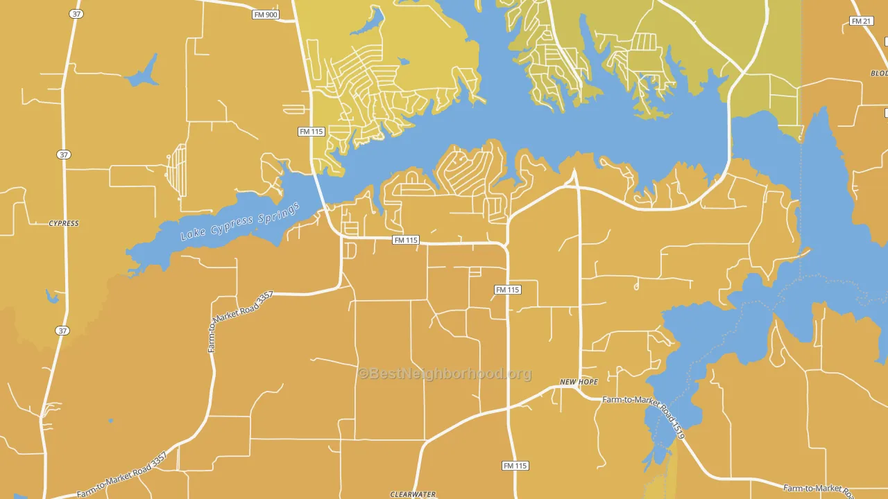 Map of the best neighborhoods in the 75480 area, with better matches in green and worse matches in red