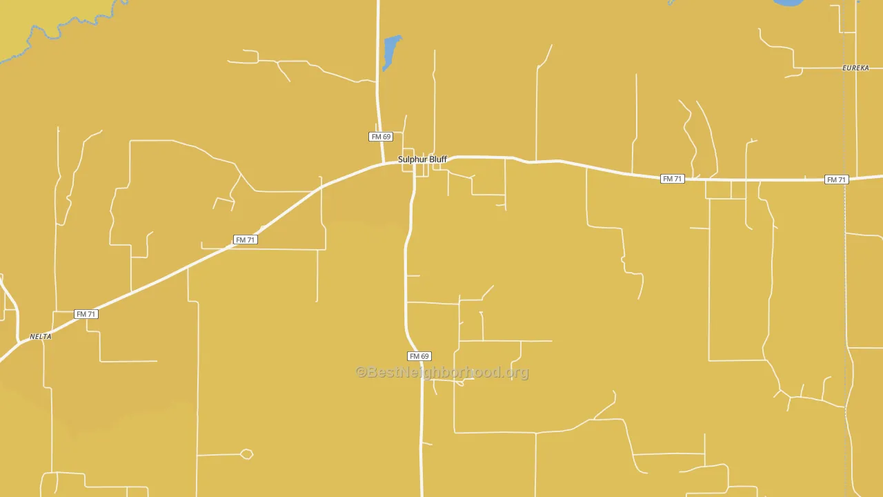 Map of the best neighborhoods in the 75481 area, with better matches in green and worse matches in red