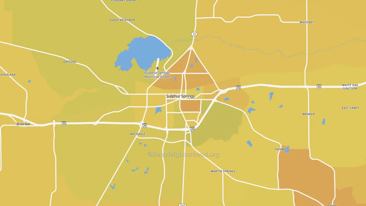 Map of the best neighborhoods in the 75482 area, with better matches in green and worse matches in red