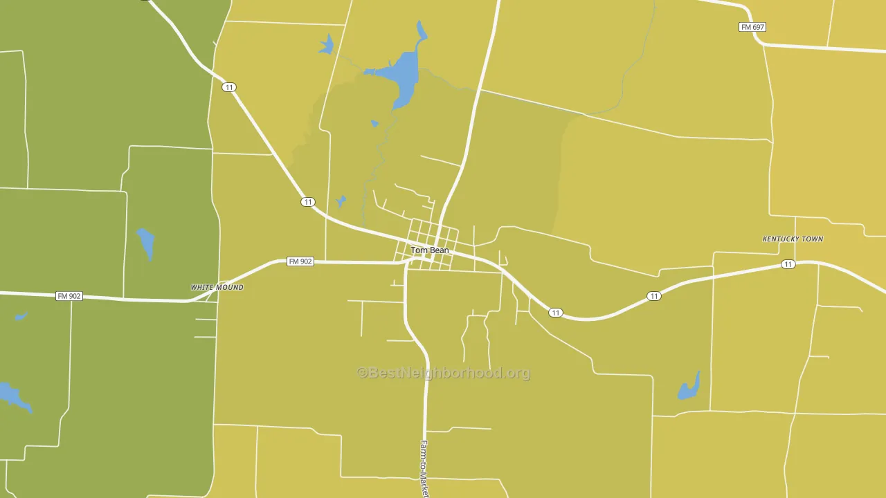Map of the best neighborhoods in the 75489 area, with better matches in green and worse matches in red