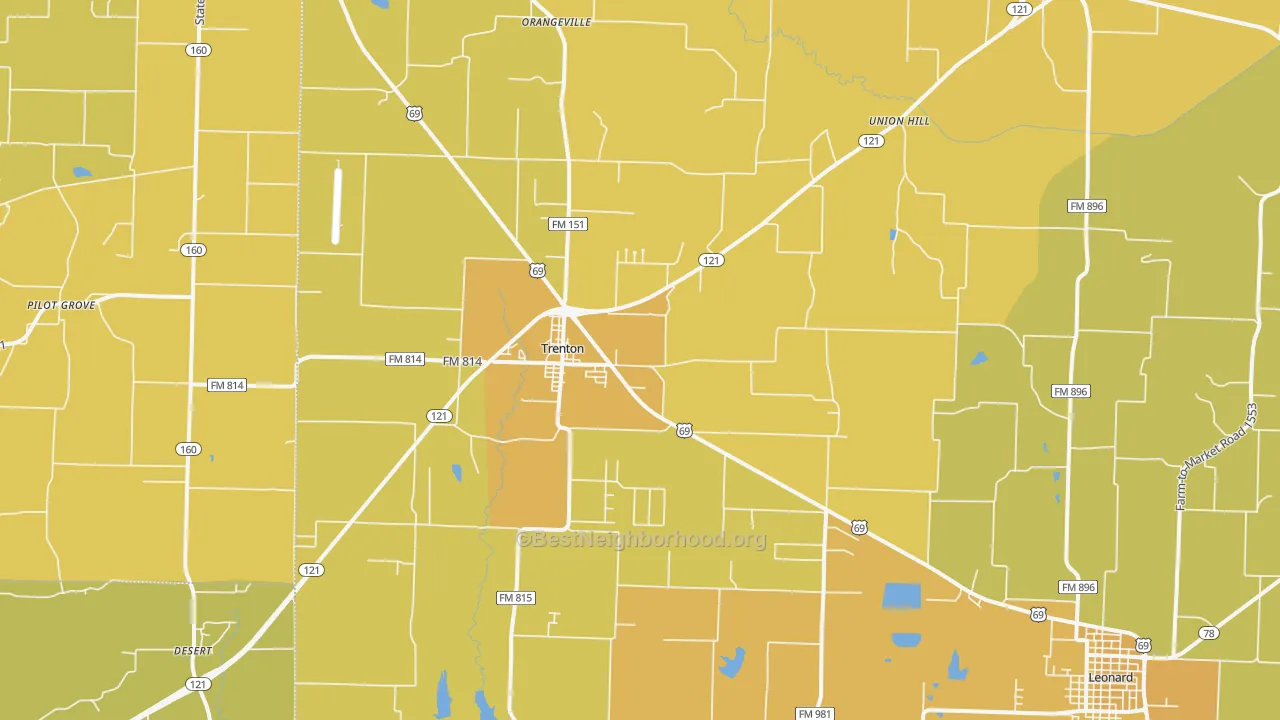 Map of the best neighborhoods in the 75490 area, with better matches in green and worse matches in red