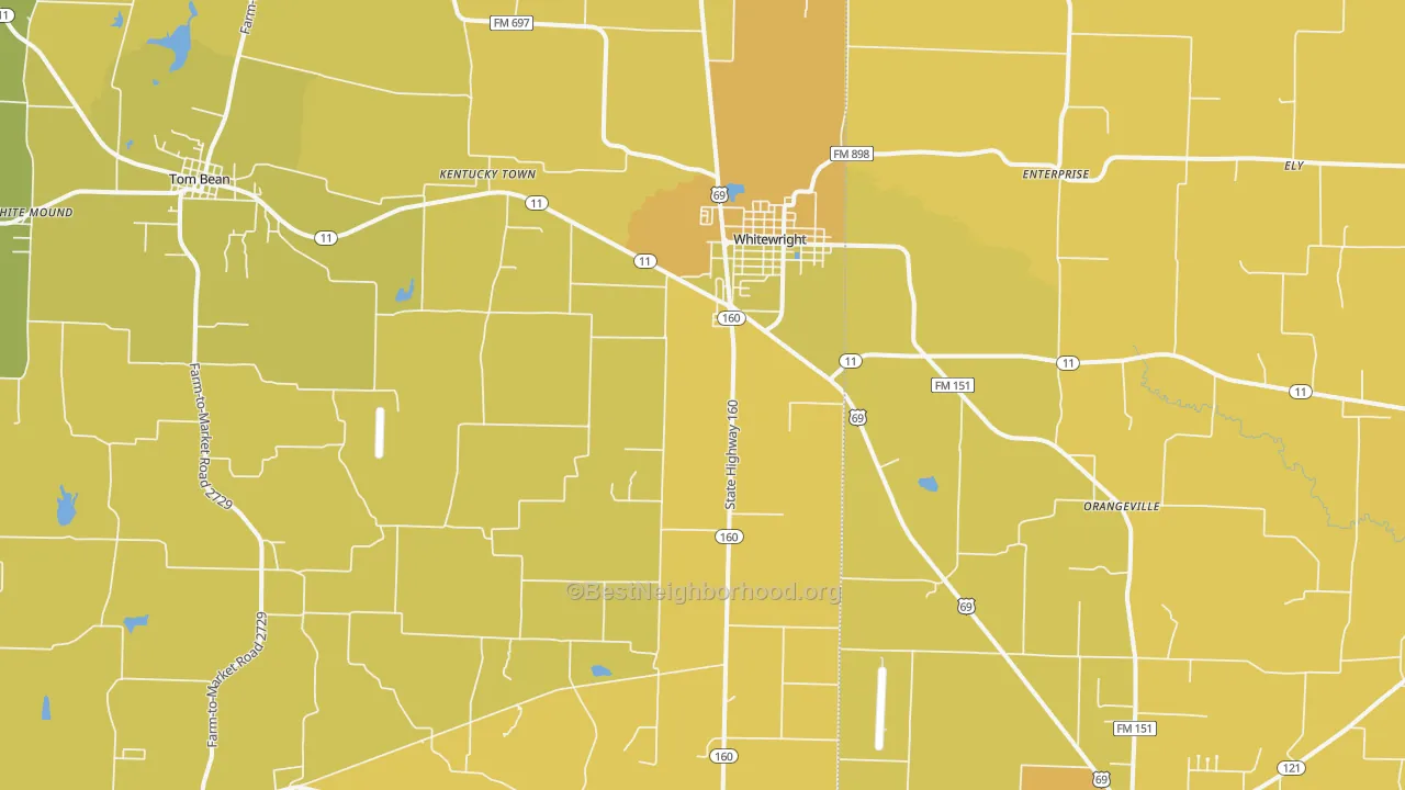 Map of the best neighborhoods in the 75491 area, with better matches in green and worse matches in red