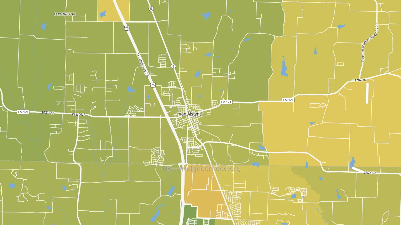 Map of the best neighborhoods in the 75495 area, with better matches in green and worse matches in red