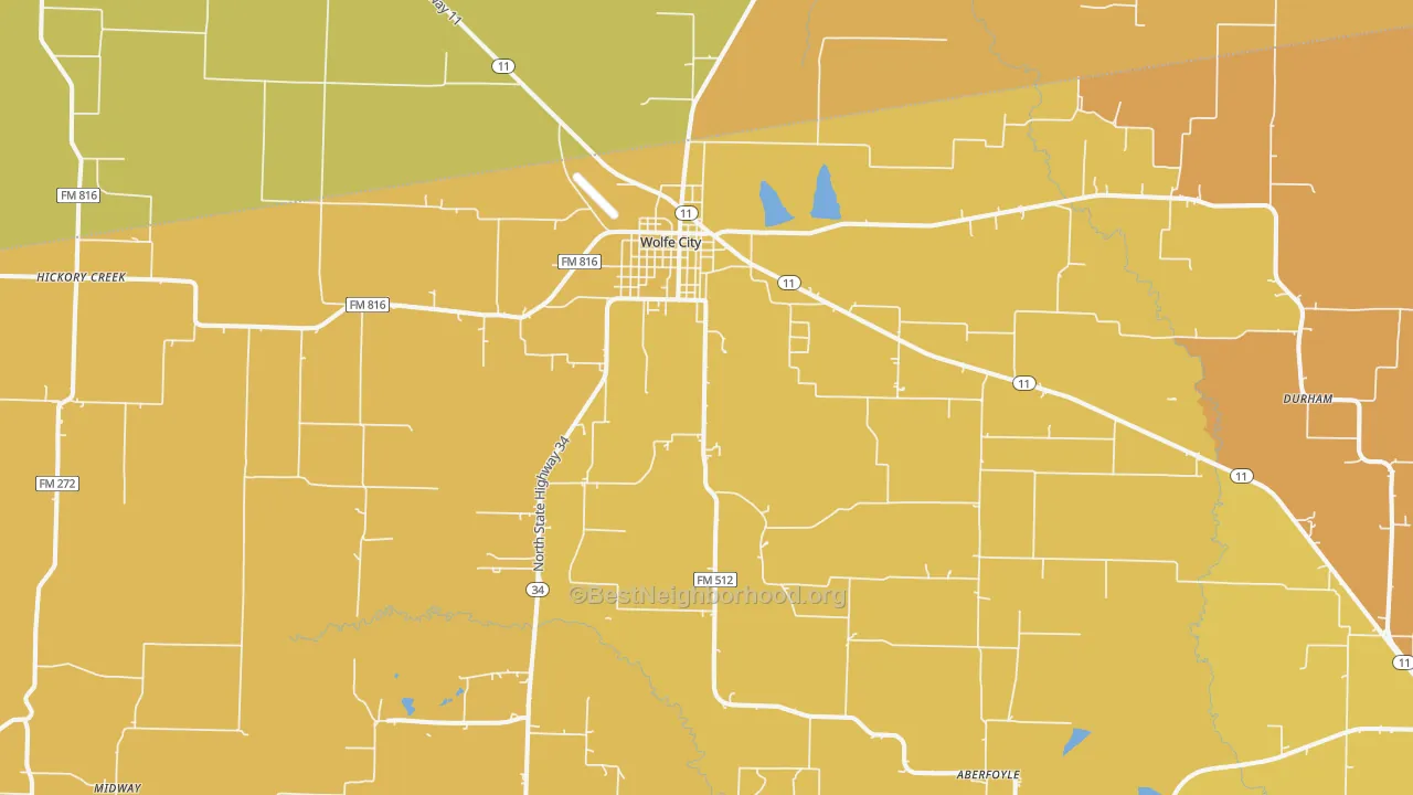 Map of the best neighborhoods in the 75496 area, with better matches in green and worse matches in red