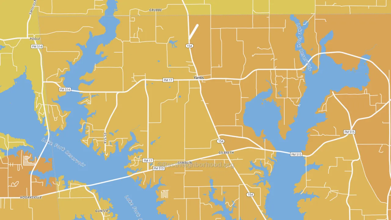 Map of the best neighborhoods in the 75497 area, with better matches in green and worse matches in red