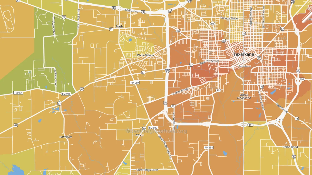 Map of the best neighborhoods in the 75501 area, with better matches in green and worse matches in red