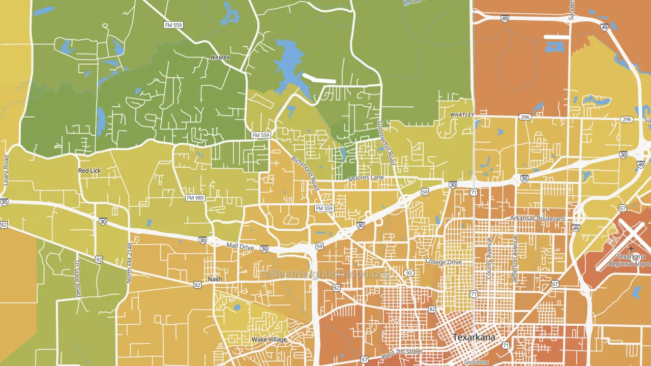Map of the best neighborhoods in the 75503 area, with better matches in green and worse matches in red