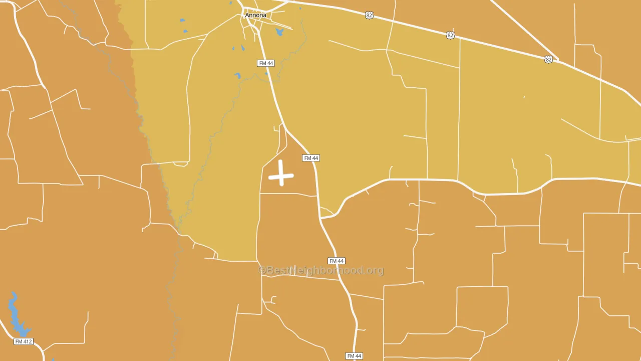 Map of the best neighborhoods in the 75550 area, with better matches in green and worse matches in red