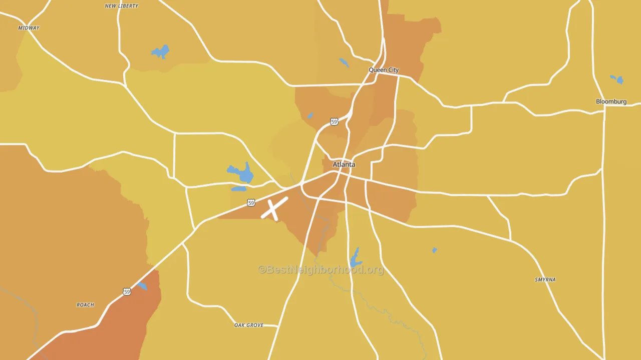 Map of the best neighborhoods in the 75551 area, with better matches in green and worse matches in red