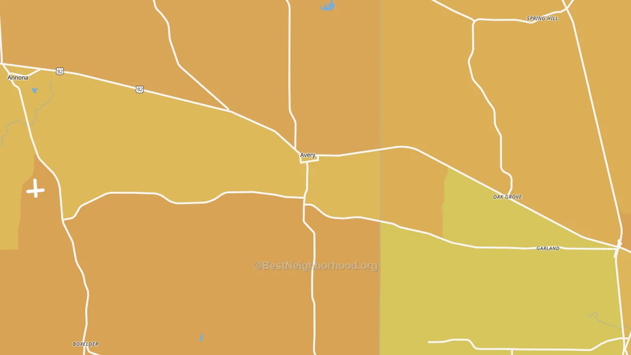 Map of the best neighborhoods in the 75554 area, with better matches in green and worse matches in red