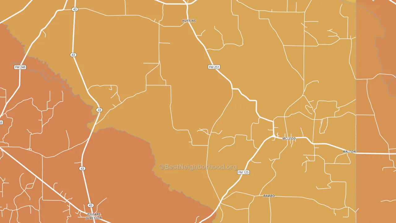 Map of the best neighborhoods in the 75555 area, with better matches in green and worse matches in red
