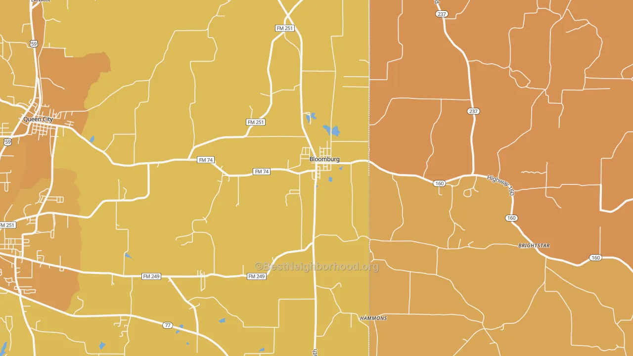 Map of the best neighborhoods in the 75556 area, with better matches in green and worse matches in red