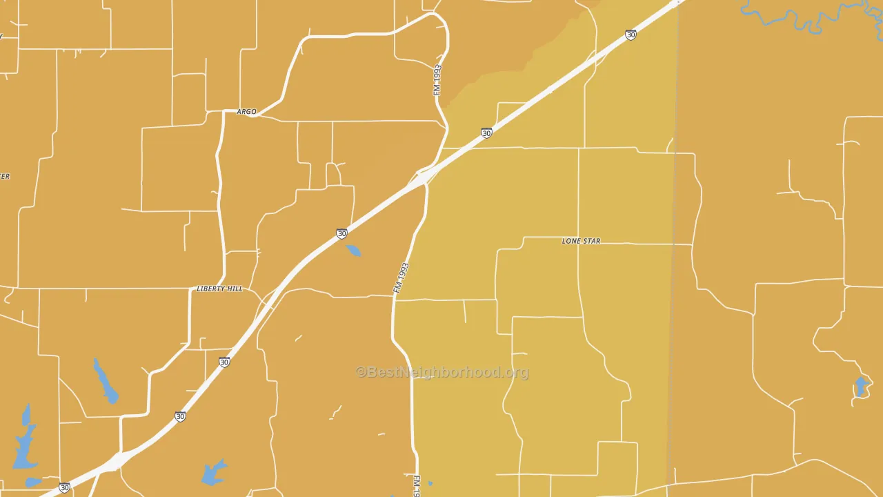 Map of the best neighborhoods in the 75558 area, with better matches in green and worse matches in red
