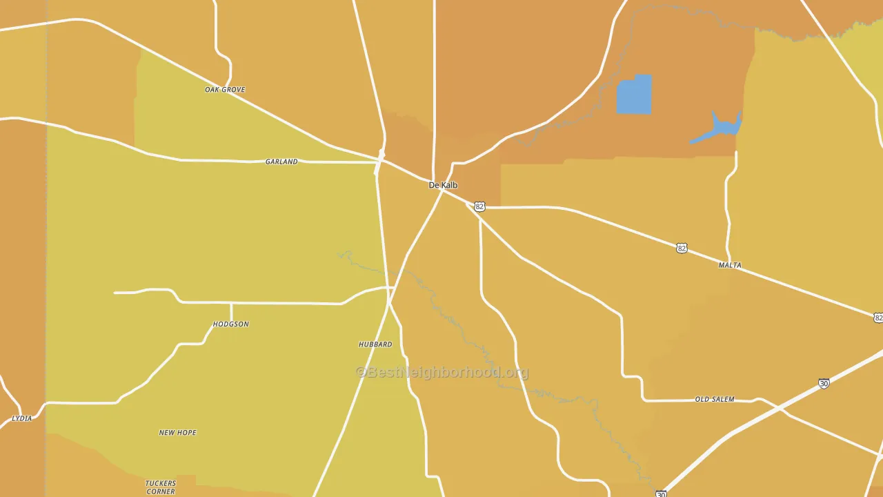 Map of the best neighborhoods in the 75559 area, with better matches in green and worse matches in red