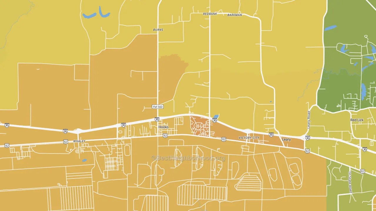 Map of the best neighborhoods in the 75561 area, with better matches in green and worse matches in red