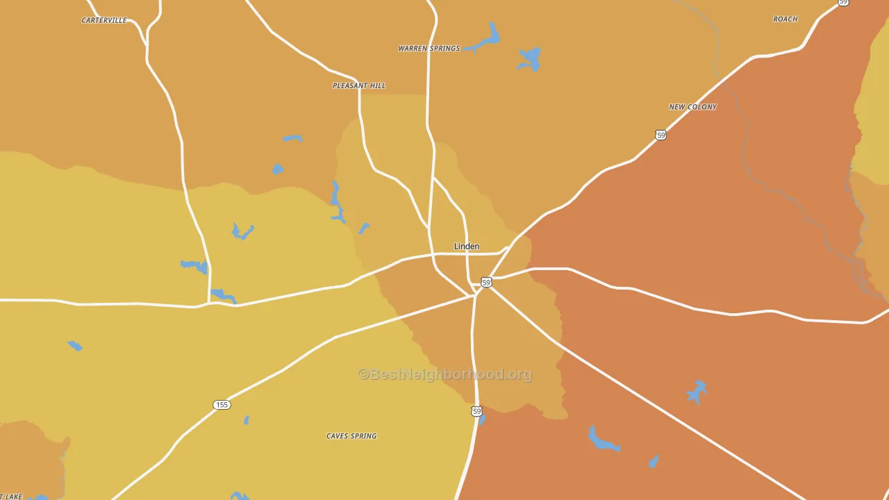Map of the best neighborhoods in the 75563 area, with better matches in green and worse matches in red