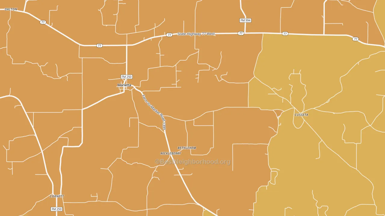 Map of the best neighborhoods in the 75566 area, with better matches in green and worse matches in red