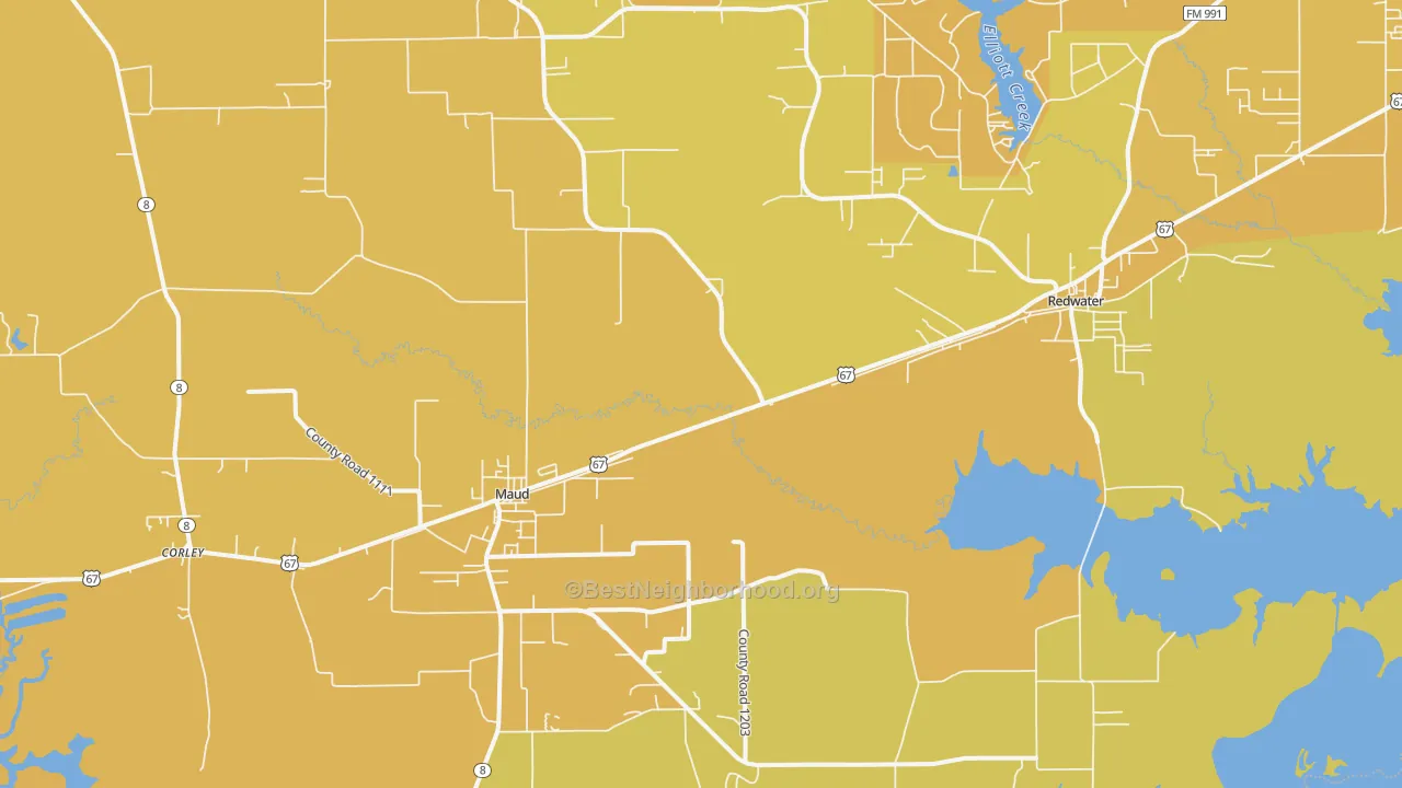 Map of the best neighborhoods in the 75567 area, with better matches in green and worse matches in red