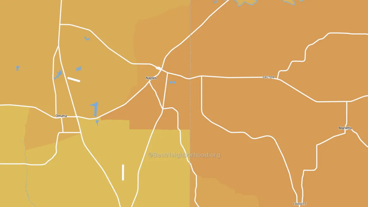 Map of the best neighborhoods in the 75568 area, with better matches in green and worse matches in red