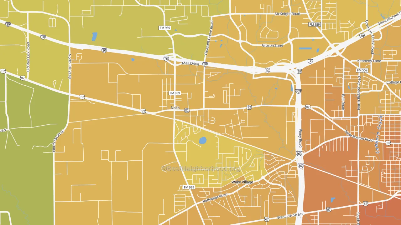 Map of the best neighborhoods in the 75569 area, with better matches in green and worse matches in red