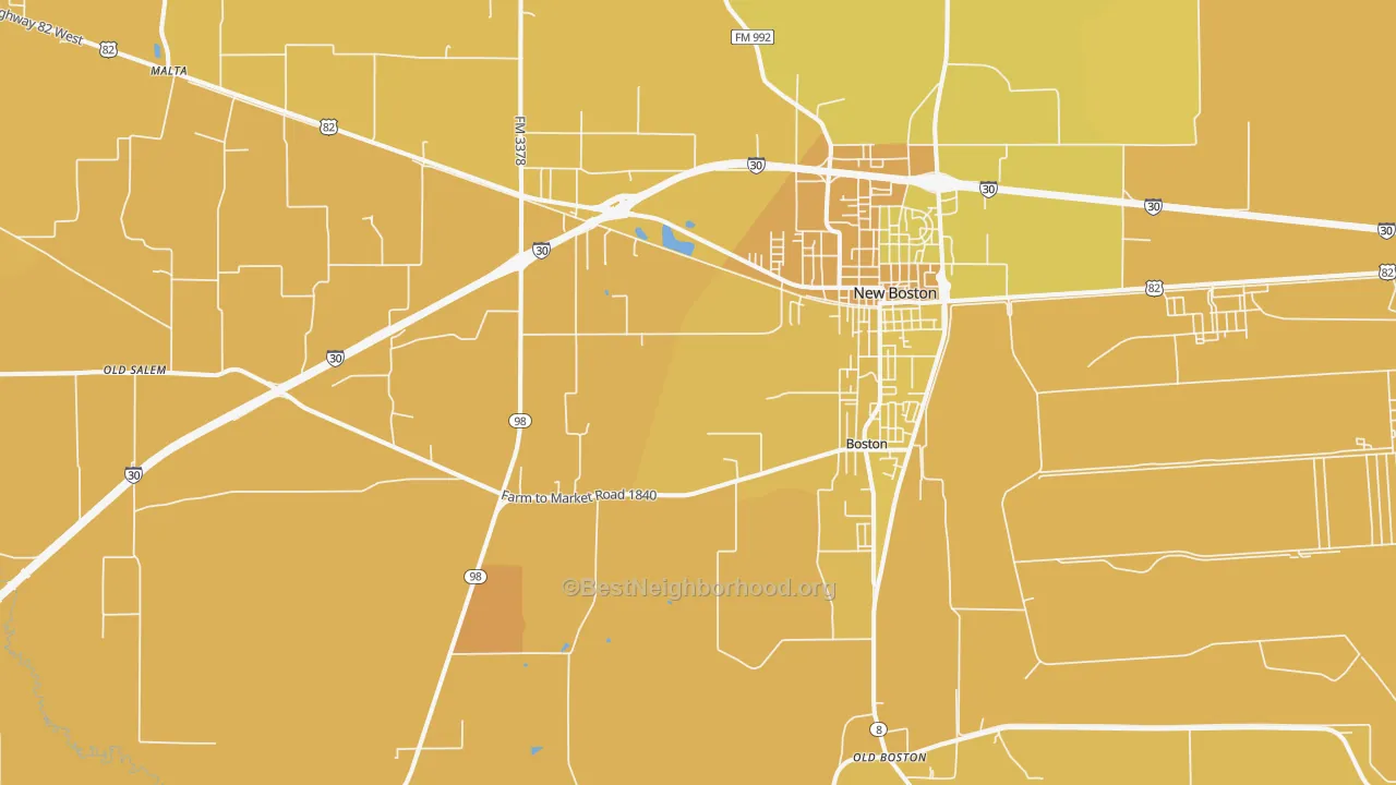 Map of the best neighborhoods in the 75570 area, with better matches in green and worse matches in red