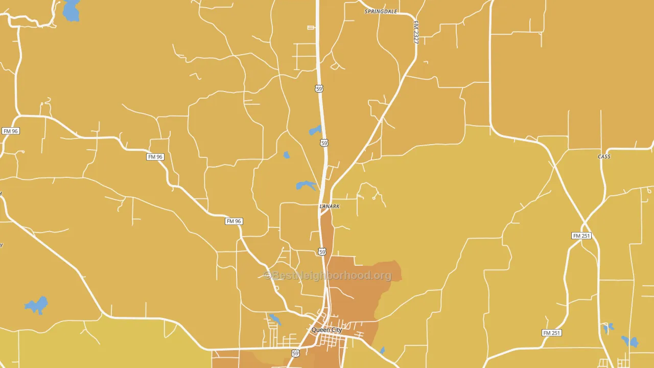 Map of the best neighborhoods in the 75572 area, with better matches in green and worse matches in red