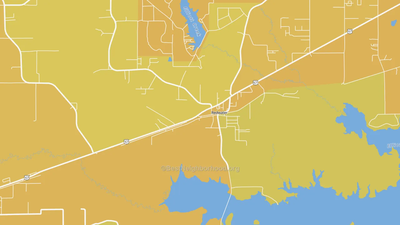 Map of the best neighborhoods in the 75573 area, with better matches in green and worse matches in red