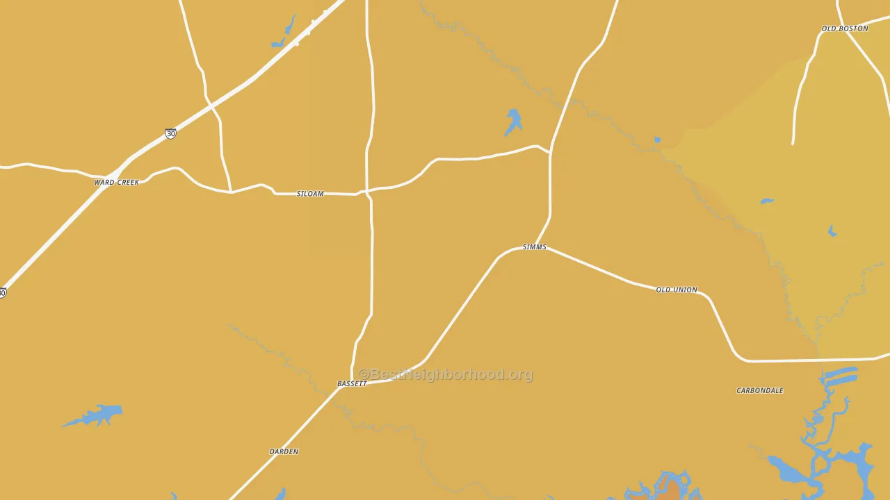 Map of the best neighborhoods in the 75574 area, with better matches in green and worse matches in red