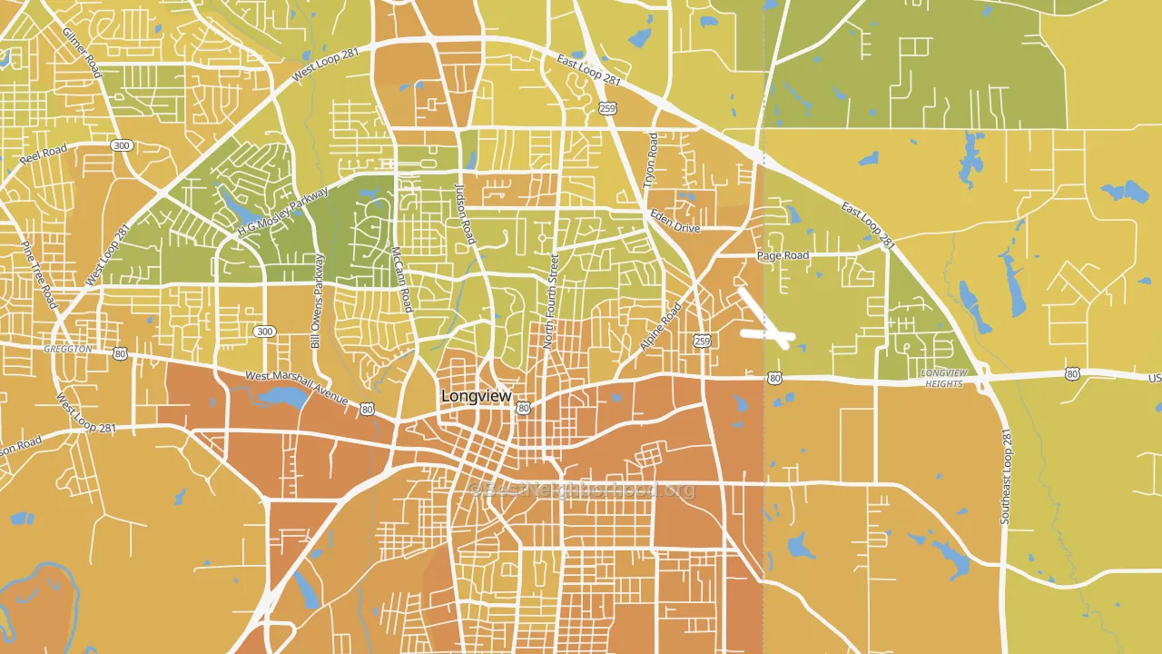 Map of the best neighborhoods in the 75601 area, with better matches in green and worse matches in red