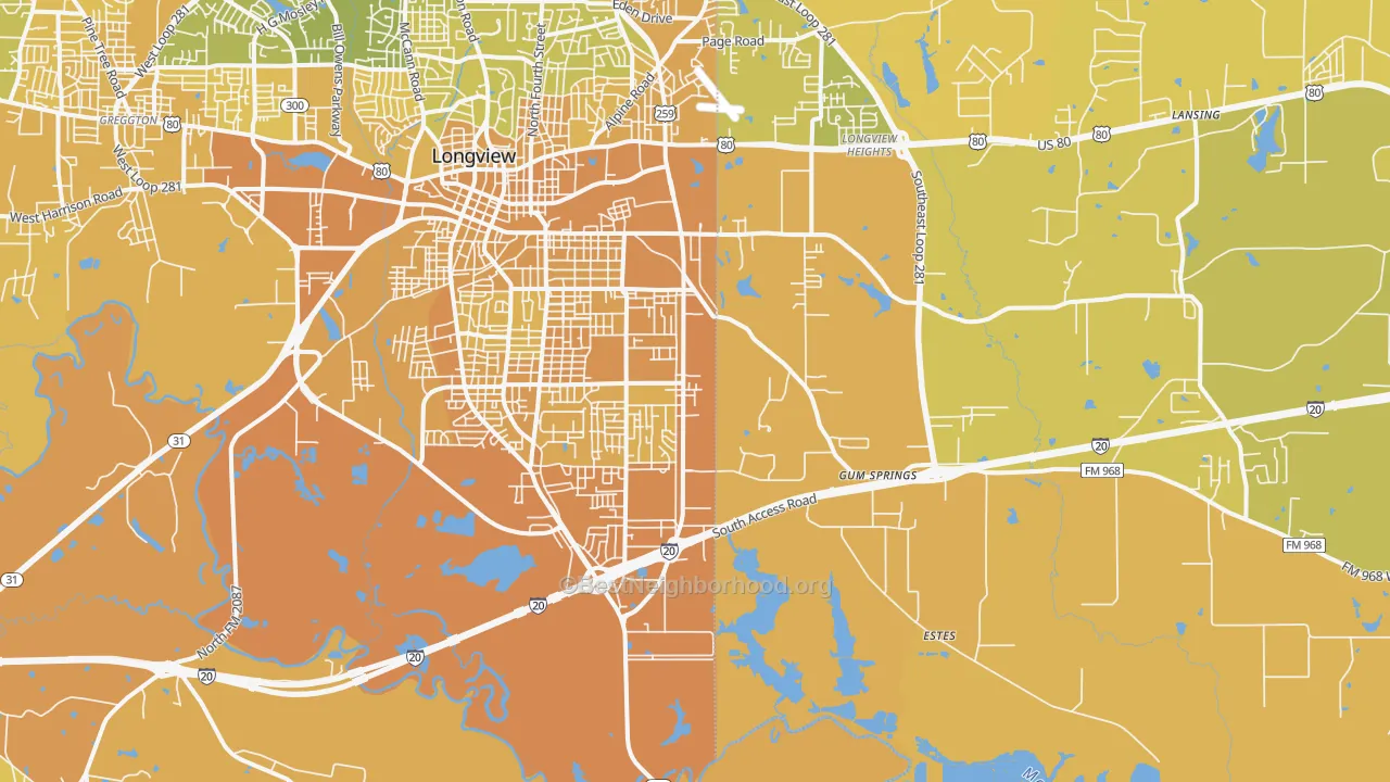Map of the best neighborhoods in the 75602 area, with better matches in green and worse matches in red